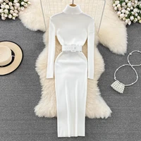 REALEFT Autumn Winter 2025 New Turtleneck Women's Knitted Dresses with Belted Long Sleeve Elegant Bodycon Wrap Dress Female - Image 2