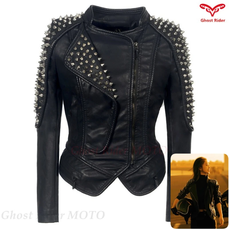 Pu Leather Jacket Women's Handmade Beaded Rivet Motorcycle Jacket Motorcycle Riding Cool Jacket Men Women Jackets S-6xl