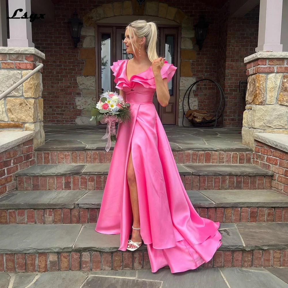 

LSYX Pink Prom Dresses Vestidos De Fiesta Satin High Slit Backless Homecoming Graduation Dress Boho Evening Gowns 2023