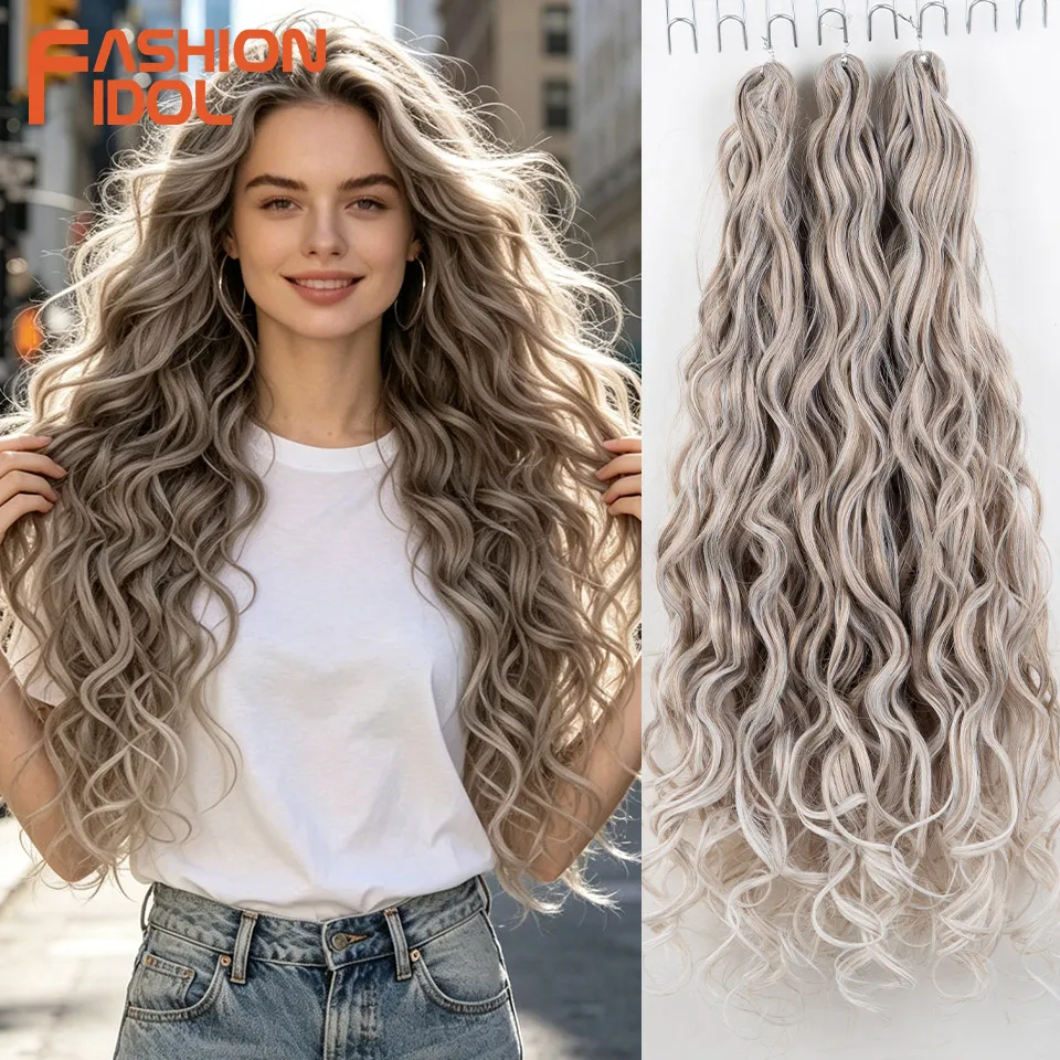 FASHION IDOL Extensiones de Cabello Sintético para Trenzas, Ondas Profundas Angelina, 24 pulgadas/3 piezas, Cabello para Trenzar Ondas de Agua, Cabello Ombre Gris para Crochet