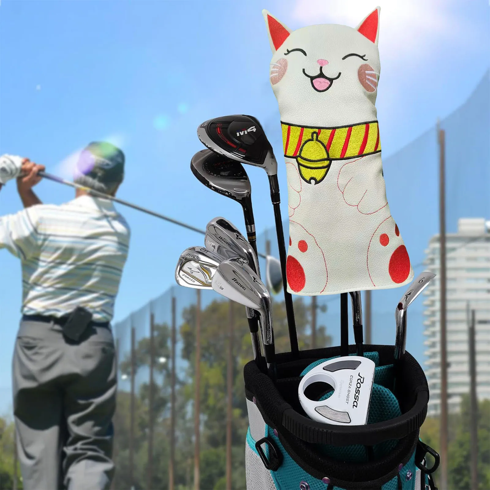Creative Cat-Shaped Embroidery Golf Club Head Cover Protectors Elastic Back Water Resistant PU Leather Headcover