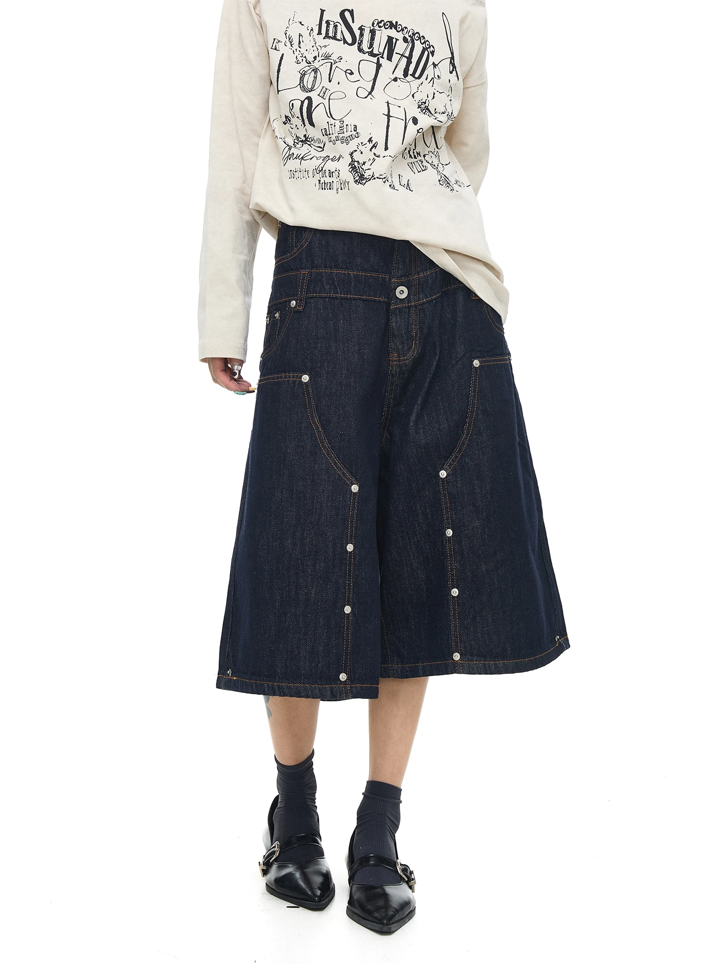 

Женские джинсы из текстурированного денима, А-силуэт, удлиненные, винтажные, с двойной талией, цвет индиго, Mien Niao op