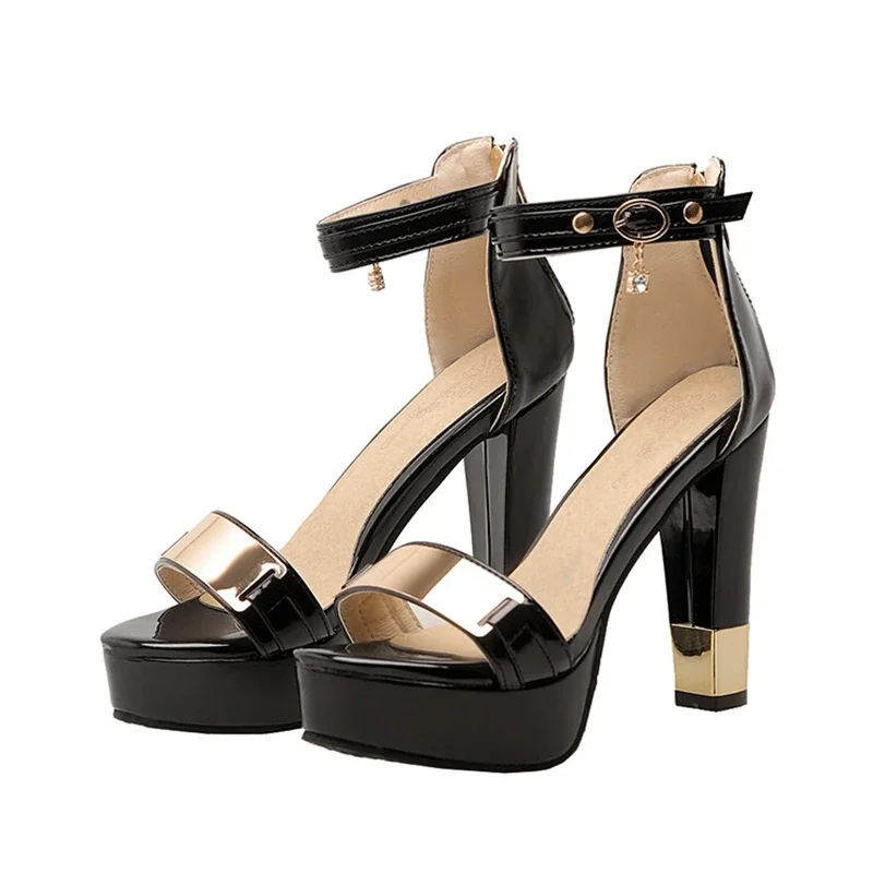 

BLXQPYT High Heels Sandals Women Patent Leather Gladiator Peep Toe Back Zip Party Wedding Platform Sandals Big Size 44 45 865-1
