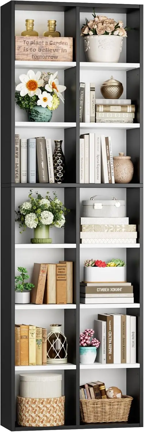 

71'' Tall Bookshelf, Double Wide Media Tower Rack CD DVD Rack Display Cabinet with Adjustable Shelves, Tall Narrow Bookc