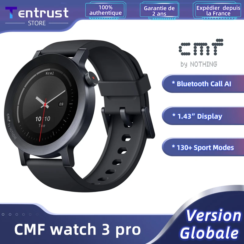 CMF Watch 3 Pro Version mondiale Smartwatch AMOLED 1,43 pouces, batterie 13 jours, double GPS, appels Bluetooth avec suppression du bruit AI, fréquence cardiaque