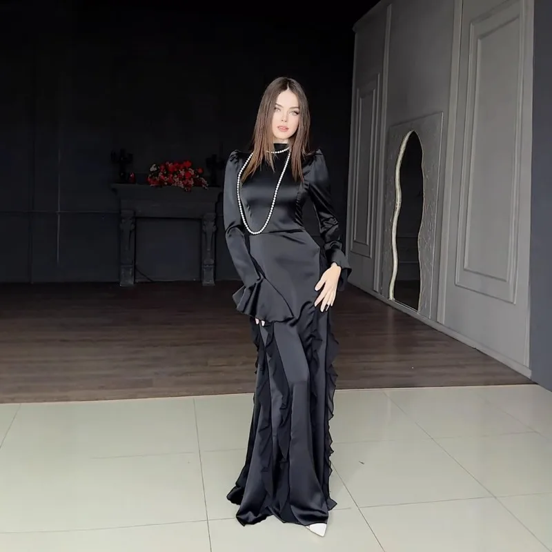 Chiffon Splicing Satin Solid Long Dresses Spring Women Long Sleeve Half High Collar Dress Autumn High Waist Floor Length Dress