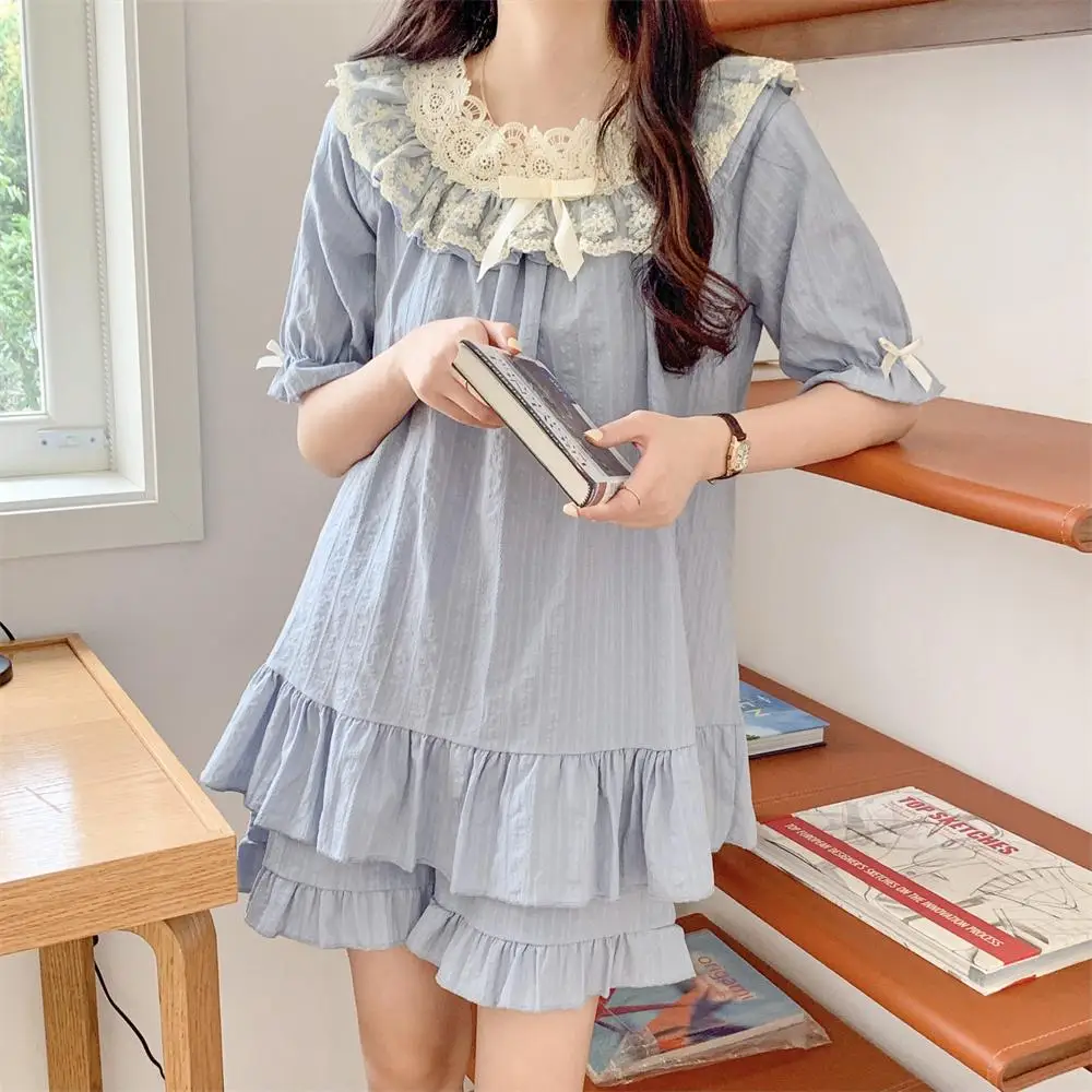 Lace Crochet Summer Nightgown Women Korean Court Two Piece Pajamas Set Kawaii Casual Elegant Long Sleepwear Night Dress Cotton