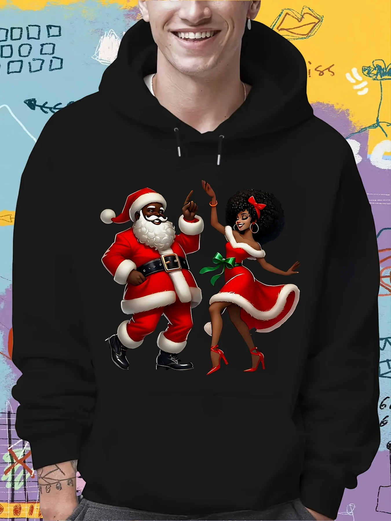 Men's African-American Santa and Mrs. Claus, Soft Fabric Jumper, Fun Pattern Design, Machine Washable Casual Sportswear, Same Style for Men and Women