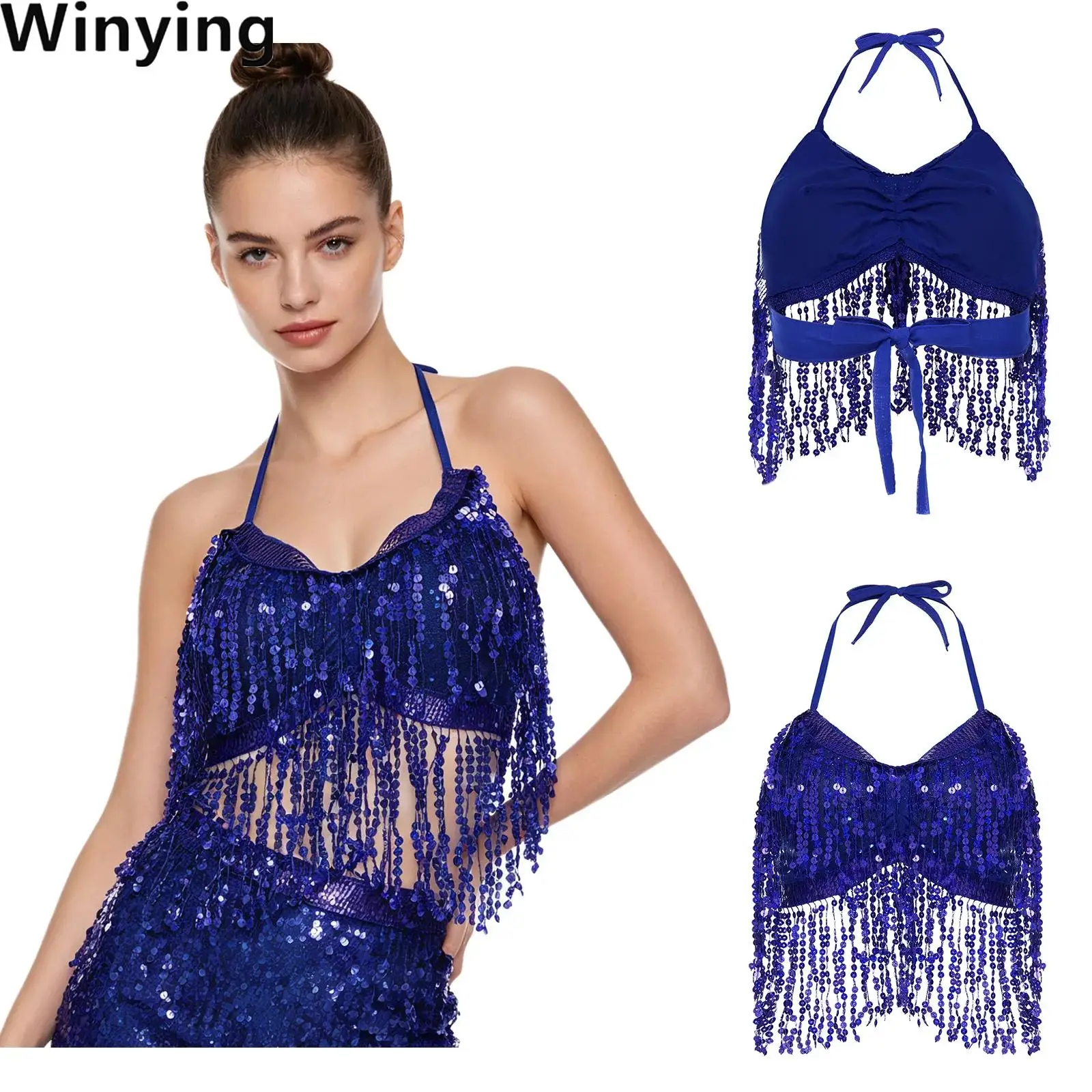 Women Belly Dance Fringed Crop Top Sequined Tassel Backless Halter V Neck Bra with Pad Dance Top for Performance Training