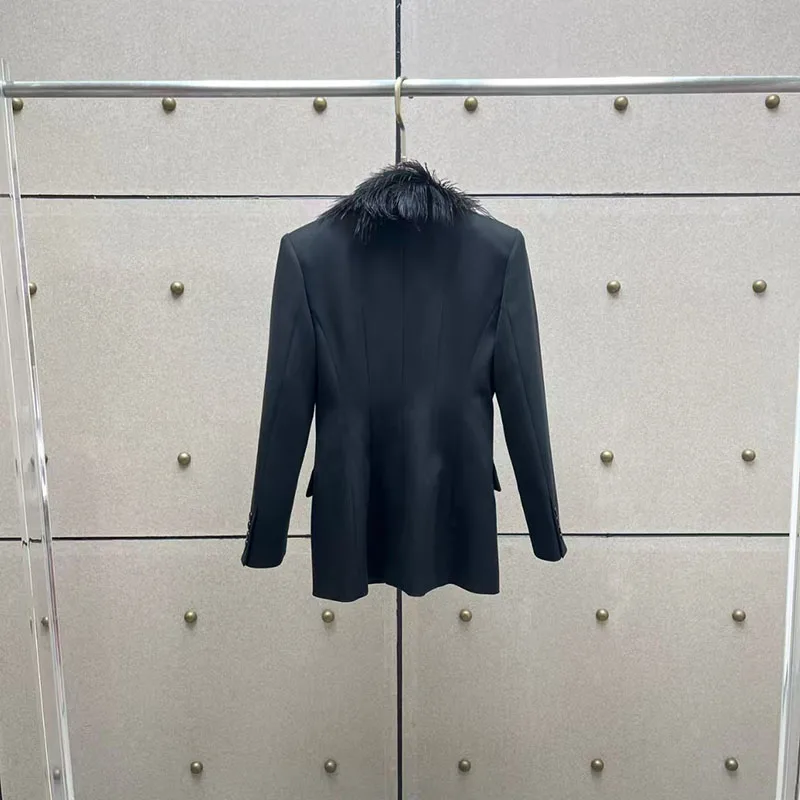 Blazer met struisvogelverenkraag voor dames, getailleerd jasje, premium zwart high-street pak, lente 2026 nieuw binnen, Y2K-stijl
