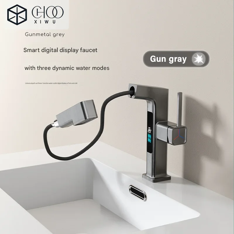 

Solid Brass Digital Display Basin Faucet with Pull out Spout White Gold 3 Water Flow Modes Top Water Outlet for Bathroom