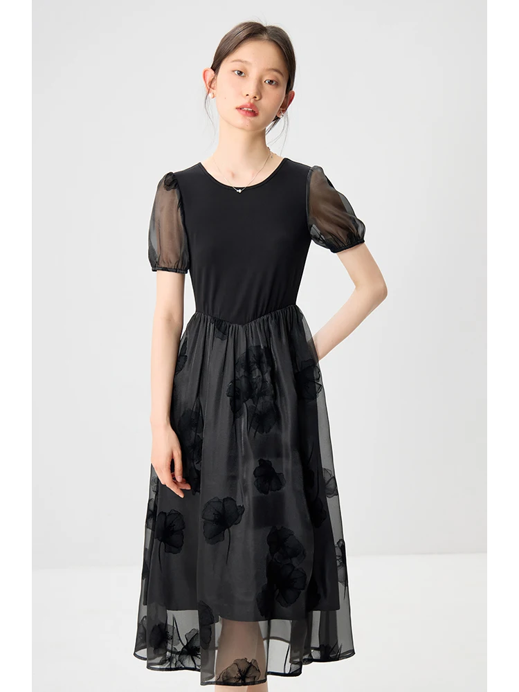 ZIQIAO French Style Elegant Women Black Long dress 2024 Summer New Casual Versatile A-Line Long Dress For Women 24ZQ92277