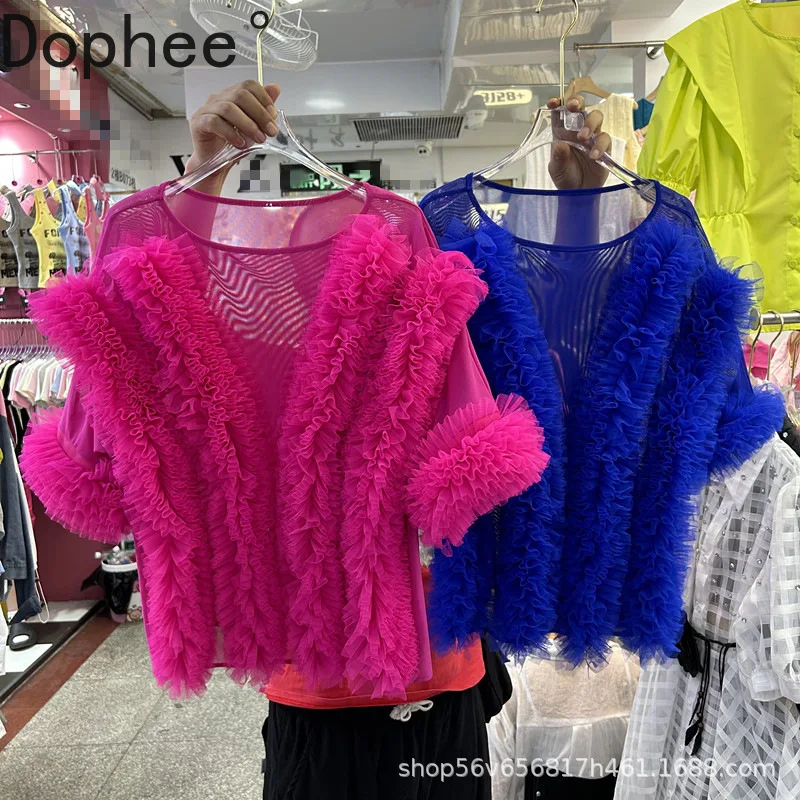

Perspective Summer Women T-shirt 2025 New Summer Elegant Mesh Ruffles Fairy Tops All-match O-neck Slimming Basic Female Tees