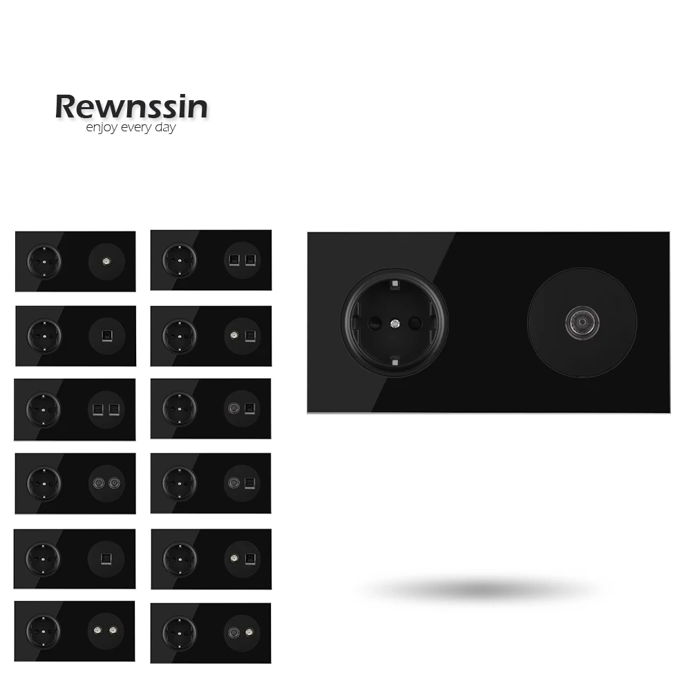 

Черная стеклянная панельная розетка, гнездовой разъем, компьютерная спутниковая антенна, телевизор, телефон, RJ45 Cat5e, настенная розетка для питания, данные 172 мм * 86 мм