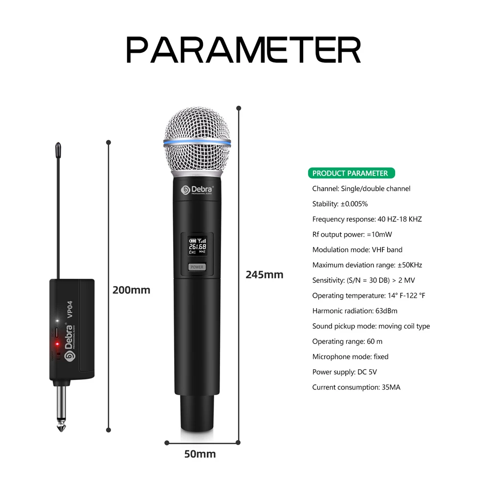 Debra VP-04 ميكروفون لاسلكي محمول باليد ذو 4 قنوات ميكروفونات محمولة 60 متر لمرحلة الكاريوكي والكنيسة والحفلات والمدرسة وال PA ومكبر الصوت