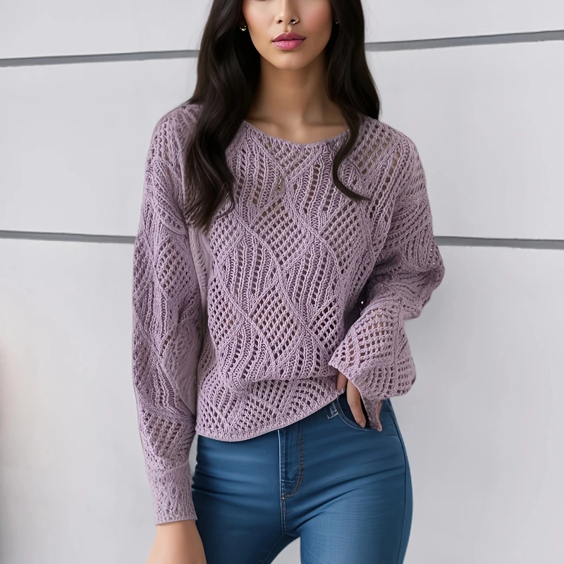 

New Elegant Hollow Knitted Long Sleeve Sweater Women's Hoodie Loose Round Neck Office Spring and Autumn Top