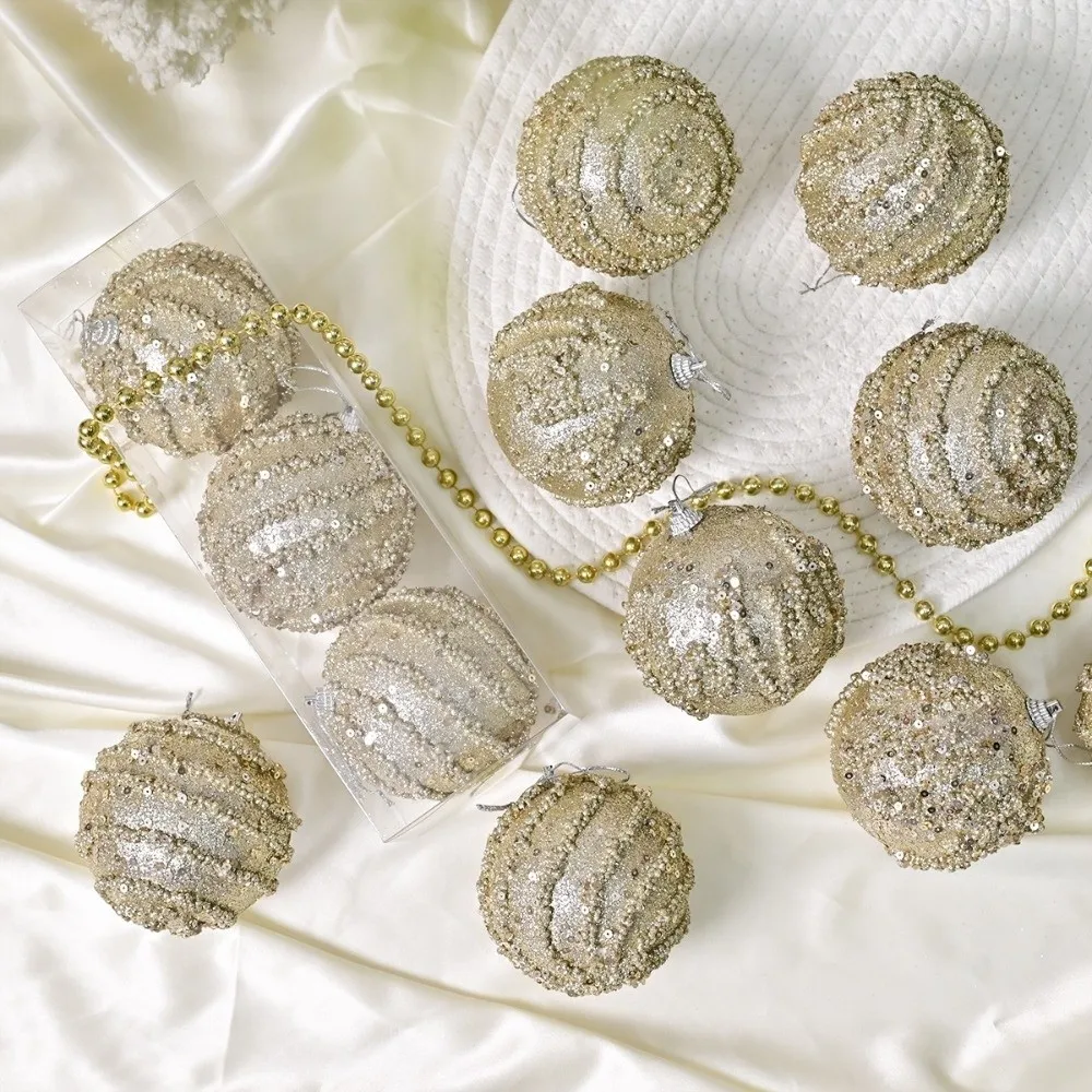 

8cm Christmas Hanging Balls Champagne Foam Christmas Spheres Pendant Shatterproof Christmas Tree Ornaments Party Favors