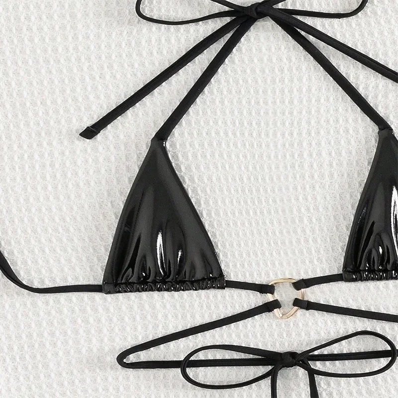 sexy metallizzato nero halter string mini bikini set due pezzi backless costumi da bagno costume da bagno donna biquini perizoma costumi da bagno