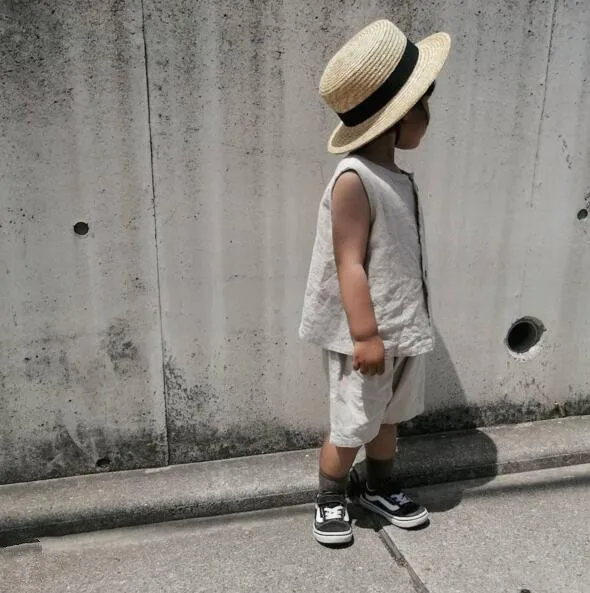 Children Casual Set Boy Summer Simple Solid Sleeveless T-shirt + Loose All-match Cotton Linen Shorts 2pc Suit Girl New Clothes