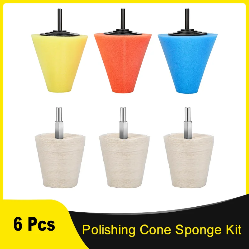 

6 Pcs Car Wheel Polishing Cone Sponge Kit 1/4" Shank Polishing Wheel Flannelette Pads for Automotive Metal Wood Glass Stainless