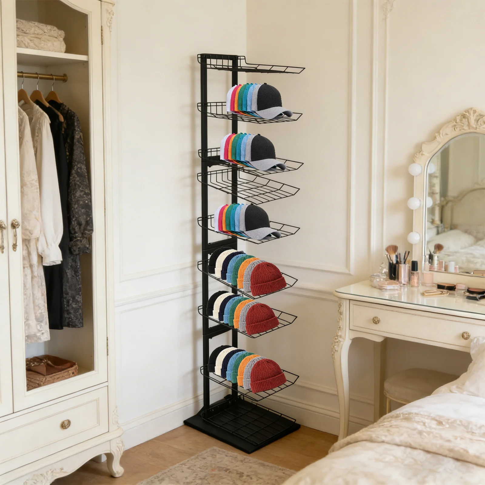 

Hat Rack Stand Hat Display Rack Cap Organizer 9 Tier Black Metal Floor Standing Holder for Baseball Caps Beanies Berets Retail Store Home Storage Showcase Durable Modern Style Space Saving Large Capacity