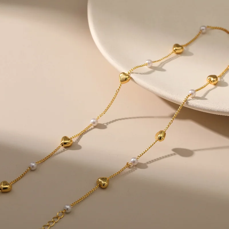 Minimalist Link Chain Necklace with Heart Beads 18k Gold Plated High Quality Waterproof Necklace for Women Jewelry Accessories