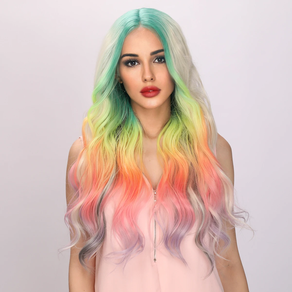 Smilco Omber Rainbow Colorful Middle Part Wavy Bob Wigs For Women Synthetic Curly Wig Cosplay Daily Party Heat Reisitant Hair