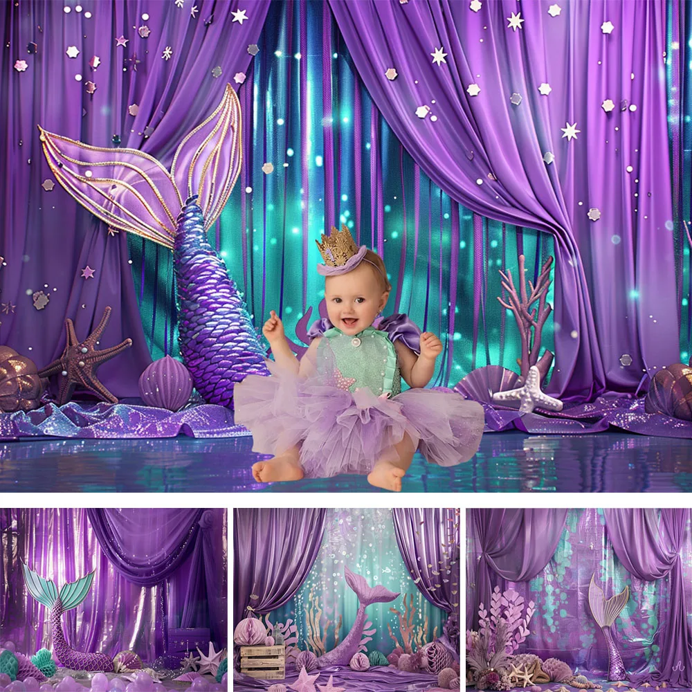 

Mermaid Theme Cake Smash Background Photography Props Purple Under the Sea Princess Kids Portrait Backdrop Birthday Party Banner