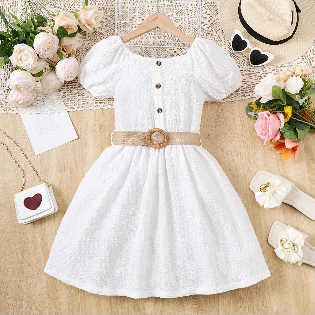 Kinderkleidung Mädchen Kurzarm-Kleid, Weißes Puffärmel-Freizeitkleid Geeignet für Mädchen im Alter von 8-12 Jahren als Sommerkleid