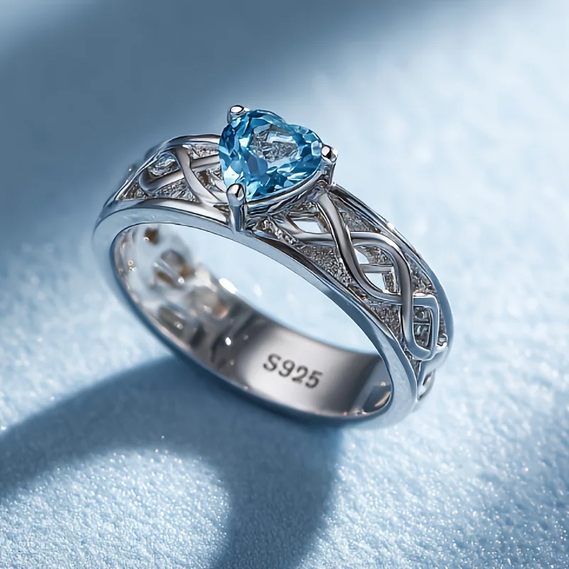 

SGARIT Jewelry 8mm Blue Heart-shaped Crystal Ring for Women 925 Sterling Silver Topaz Ring for Christmas Gifts