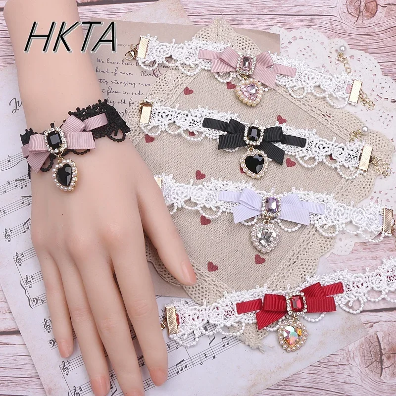 

Handmade Mine Jewelry Sweet Girl Female Bow Lace Heart Shape Rhinestone Pendant Bracelet Bracelet Wristband Hand Ring Ornament