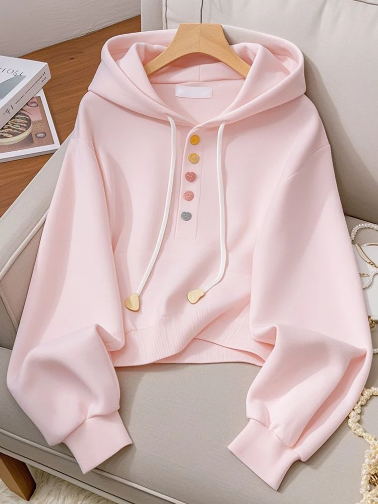 Zoki Sweet Pink Hoodies Women Fashion Elegant Long Sleeve Sweatshirts Korean Loose Casual Buttons Female Preppy Style Top Spring