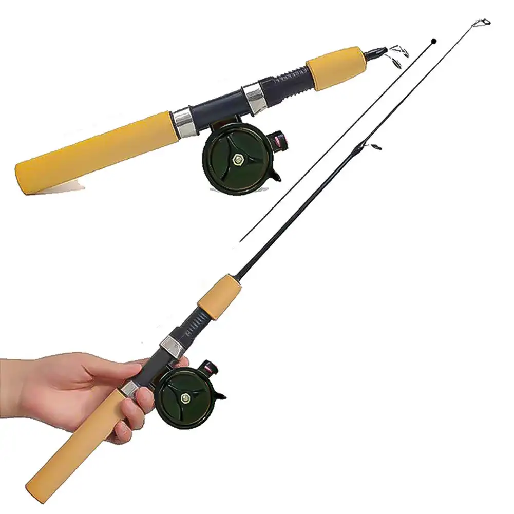 Mini Ice Rod Winter Shrimp Fishing Rods Metal Fishing Reels Elastic Carbon Bait Anti Slip Wood Color Handle Casting Rod