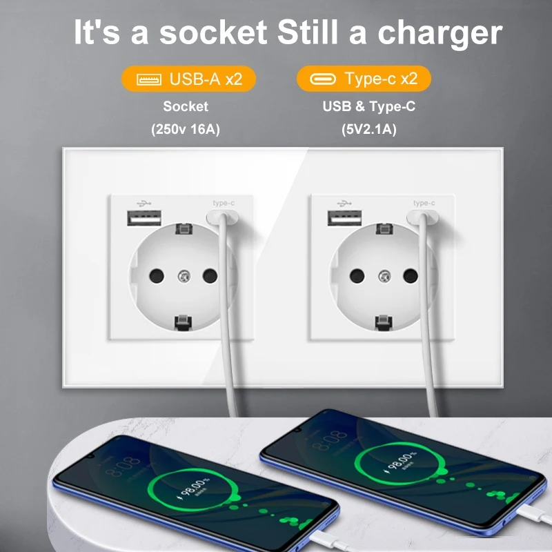 NOVSKI1/2/3Gang Touch Light Switch 1Way Simple Sensor Switch Type-c USB Sockets EU Standard Glass Panel Blue Backlight 10A White