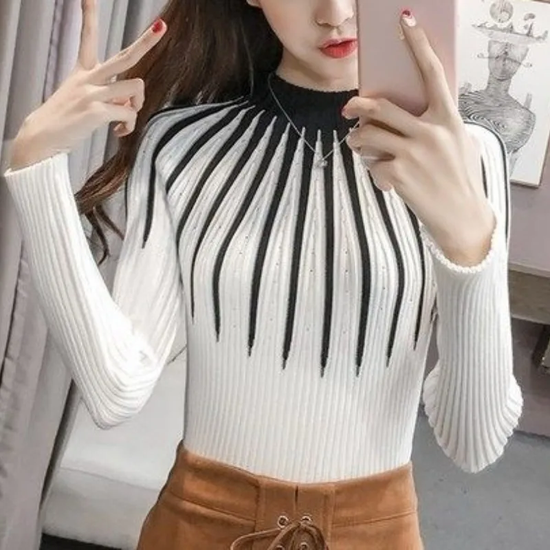 Autumn and Winter Women\'s Half High Collar Long Sleeve Slim Knitted Pullover Underlay All-match Fashion Casual Office Lady Tops