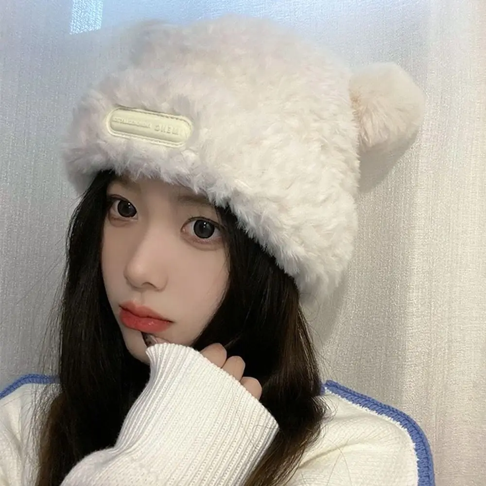 Cute Ear Women Earmuffs Cap Cartoon Bear Ear Protection Hat Solid Color Plush Beanies Girl Winter Warm Fluffy Fur Headgear 모자
