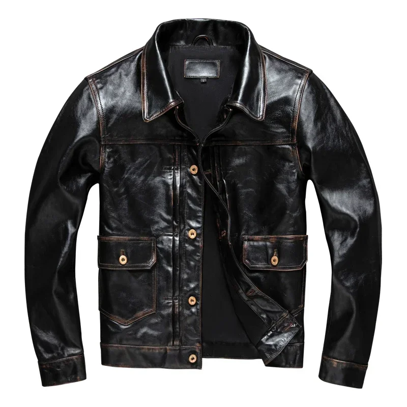 First Layer Tea Core Horse Short Slim Fit Men Genuine Leather Clothes Leather Jacket Coat  mens leather jacket