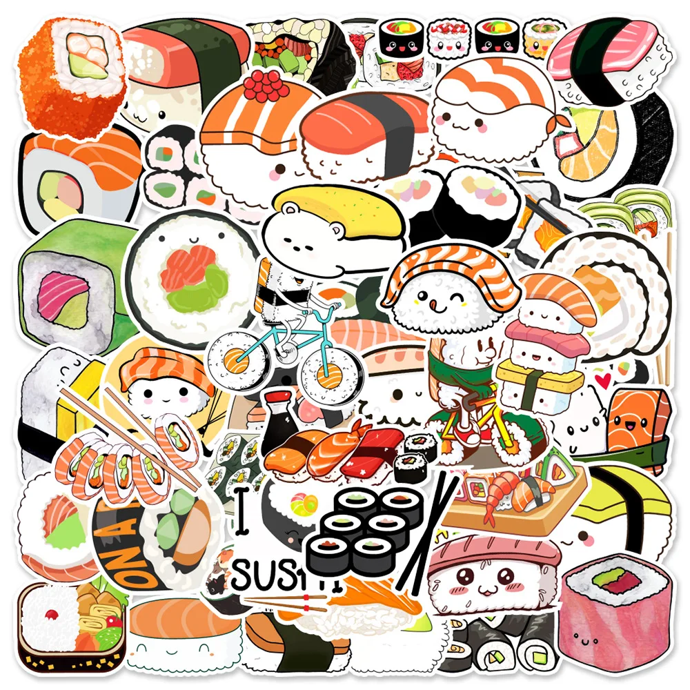 50PCS Sushi Doodle Sticker Cute Cartoon Originality PVC  Aesthetic Sticky Kids Stationery Supplies Scrapbooking Decorative Toy