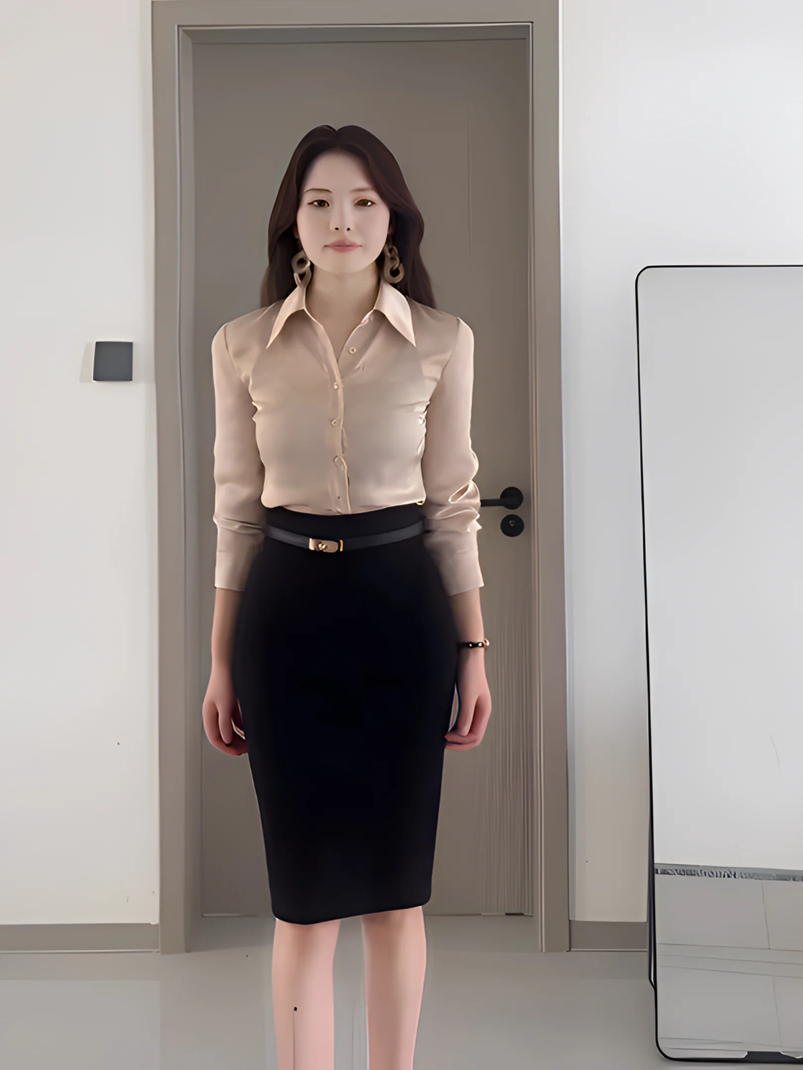 

Autumn High Waist Long Sve irt Collar Button up Women's Faion Busin Sle Cotton Breathable Two-Piece Set