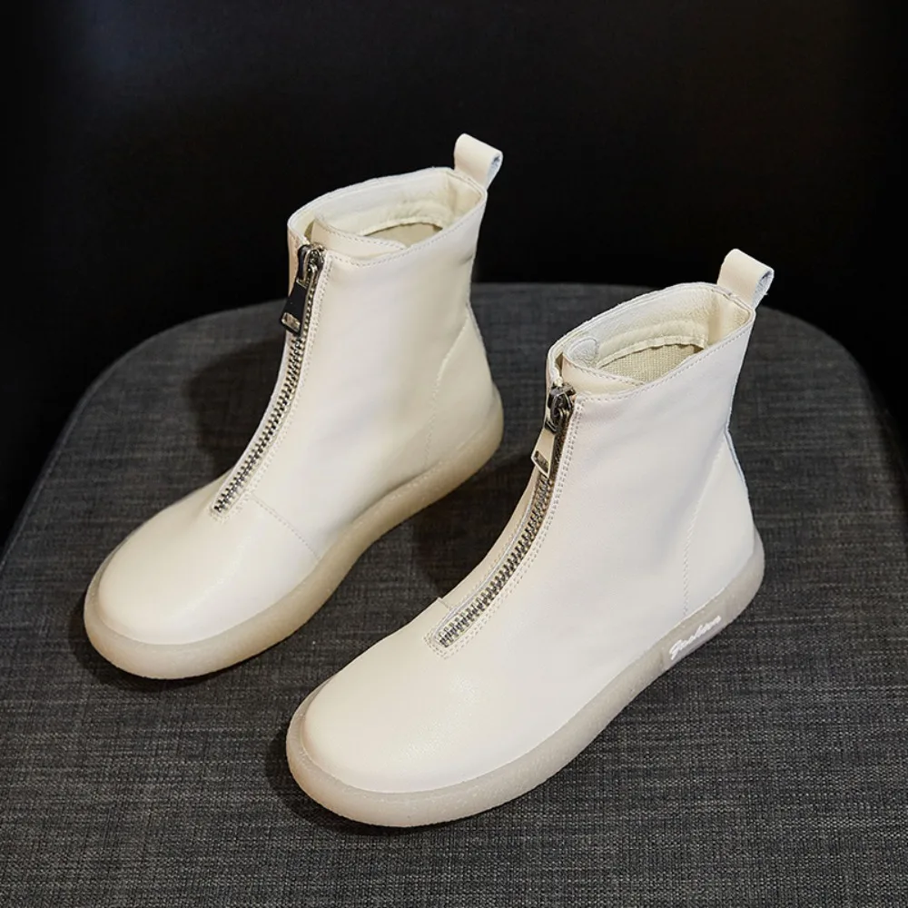 Short Boots Women\'s New Autumn Winter Cow Tendon Soft Soled Women\'s Boots Casual High Top Women\'s Shoes Front Zipper Boots
