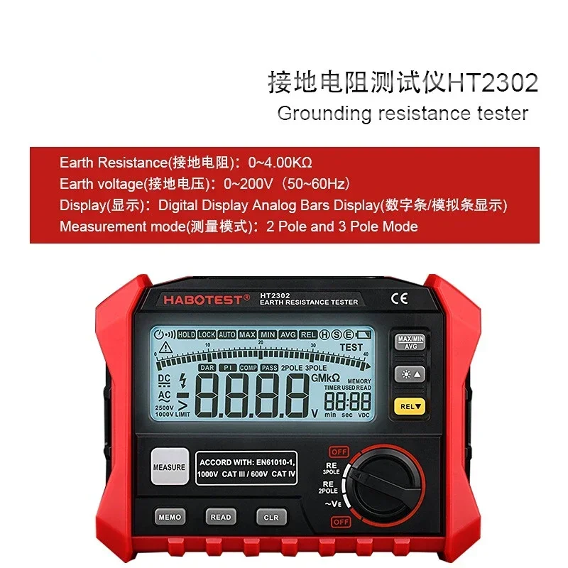 HT2302 Insulation Resistance Tester Earth Ground Resistance Tester Digital Megohmmeter Meter 100 Groups Data Storage