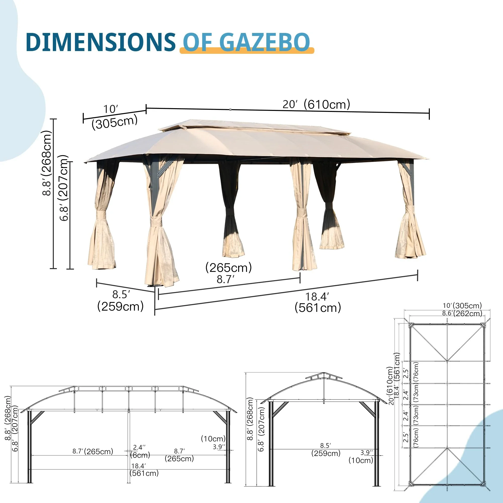 ！@Outdoor Heavy Duty Metal Frame Canopy&Gazebo Double Roofs with Privacy Curtains & Mosquito Nettings for Parties Patio