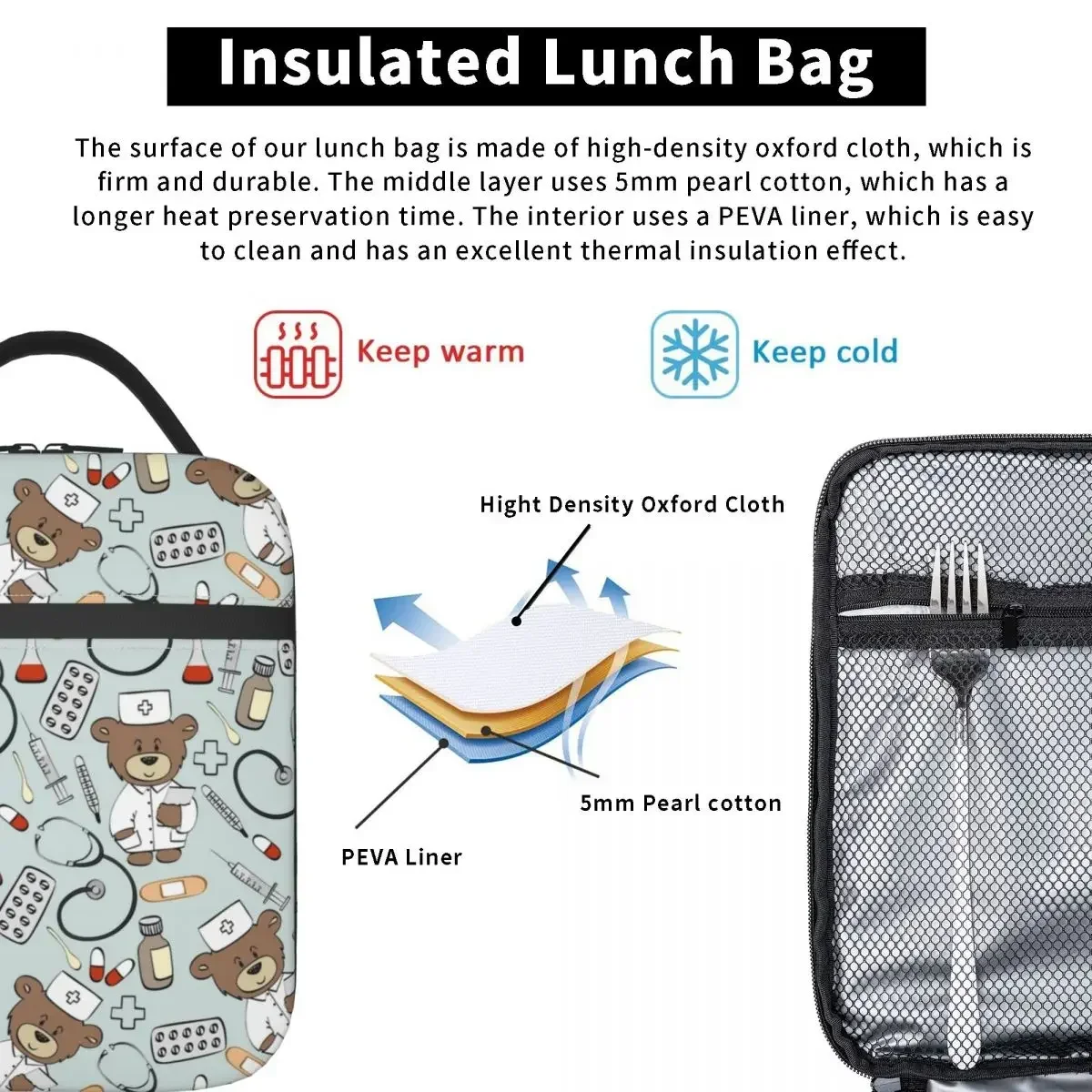 Custom Baby Bear Nurse Lunch Bag uomo donna Warm Cooler Insulated Lunch box per la scuola degli studenti