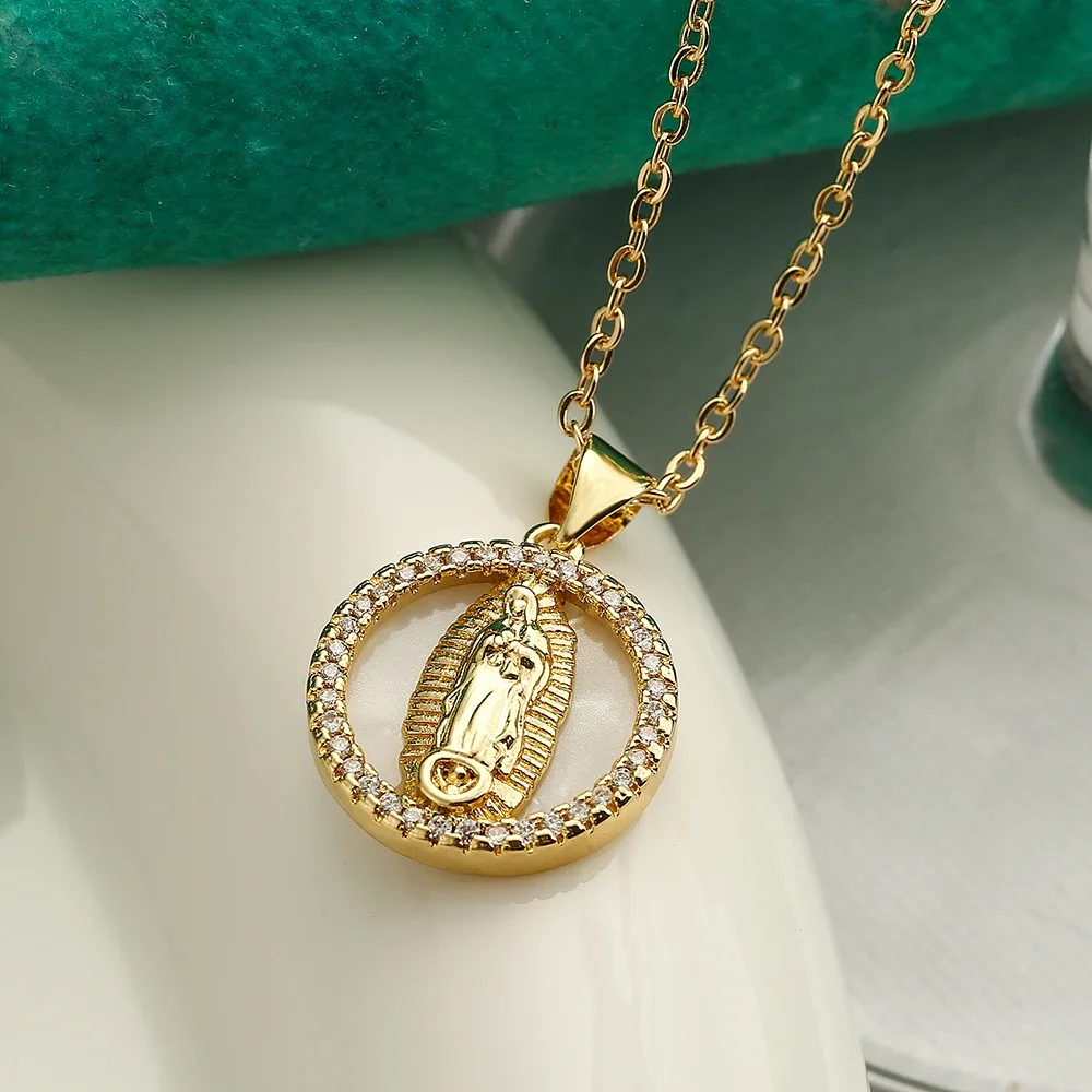 عالية الجودة المرأة المجوهرات الدينية النحاس تشيكوسلوفاكيا الزركون البطانة مريم العذراء قلادة الفولاذ المقاوم للصدأ سلسلة قلادة #2
