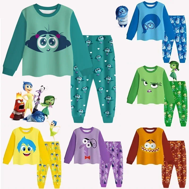 

2pcs Set Disney Inside Out 2 Long Sleeved Pajamas Anime Joy Anxiety Sadness Anger Kawaii Children Nightwear Home Wear Kids Gifts