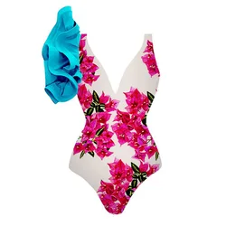 Sexy One Piece Swimsuit Swimwear Women Big Ruffle V-neck Floral Print High Quality Bathing Suit Beachwear Banadores Mujer 2024