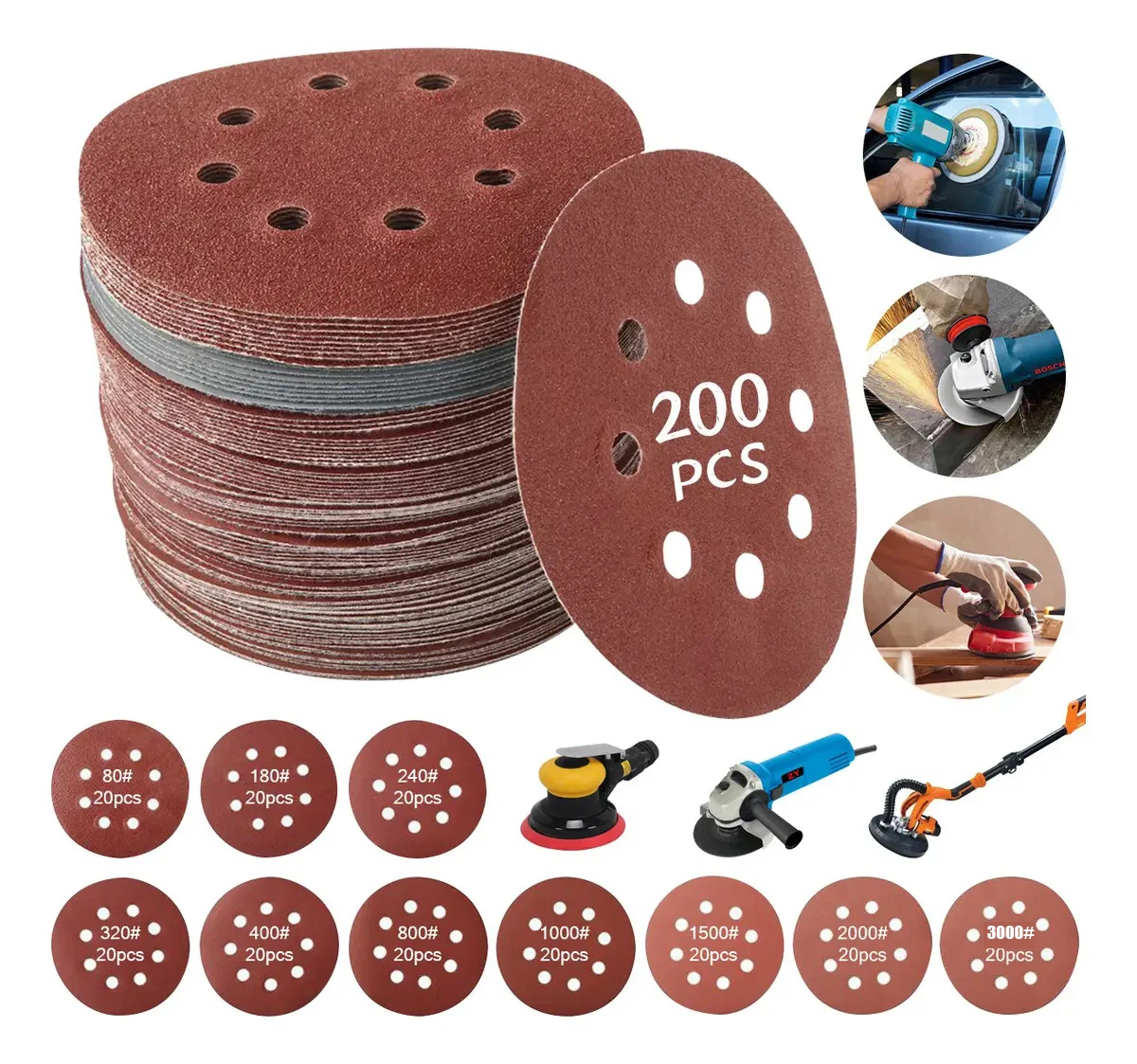 

200PCS 5 Inch 125mm 8 Hole Red Sanding Discs 80-3000 Grit Hook and Loop Sandpaper for Orbital Sander Wood Metal Polishing