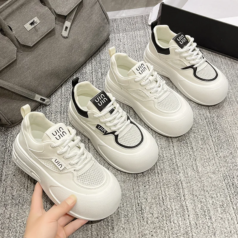 Witte damesschoenen Mesh ademende studentensportschoenen Dikke bodem Lichtgewicht vrijetijdsschoenen