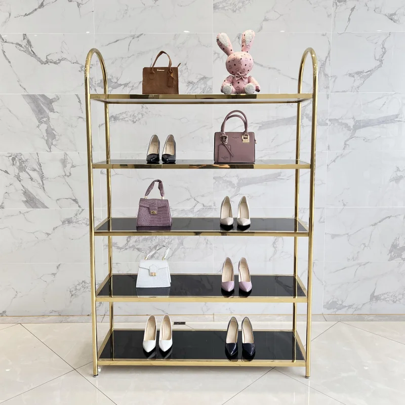 customized.Factory Customized Heavy Duty Stainless Steel Shoes Rack Stand Shiny Standing Shoes Display Shelf Shop