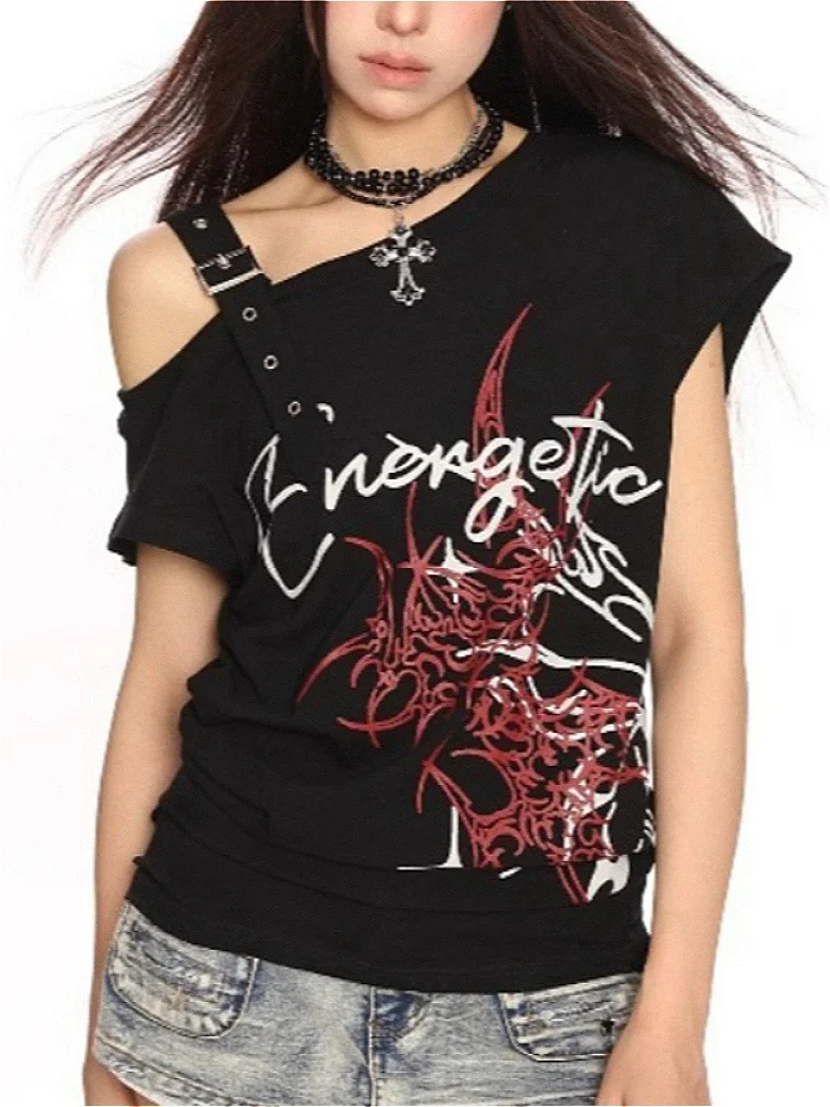 Y2K Harajuku Punk Off Shoulder Buckle Graffiti Print Slim Fit Black Cotton Bodycon Mini Dress Women Girls Clubwear Dailywear